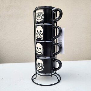NEW Ceramic Skeleton Espresso Mugs Mug Set of 4 Stacking Stackable Black Stonewa